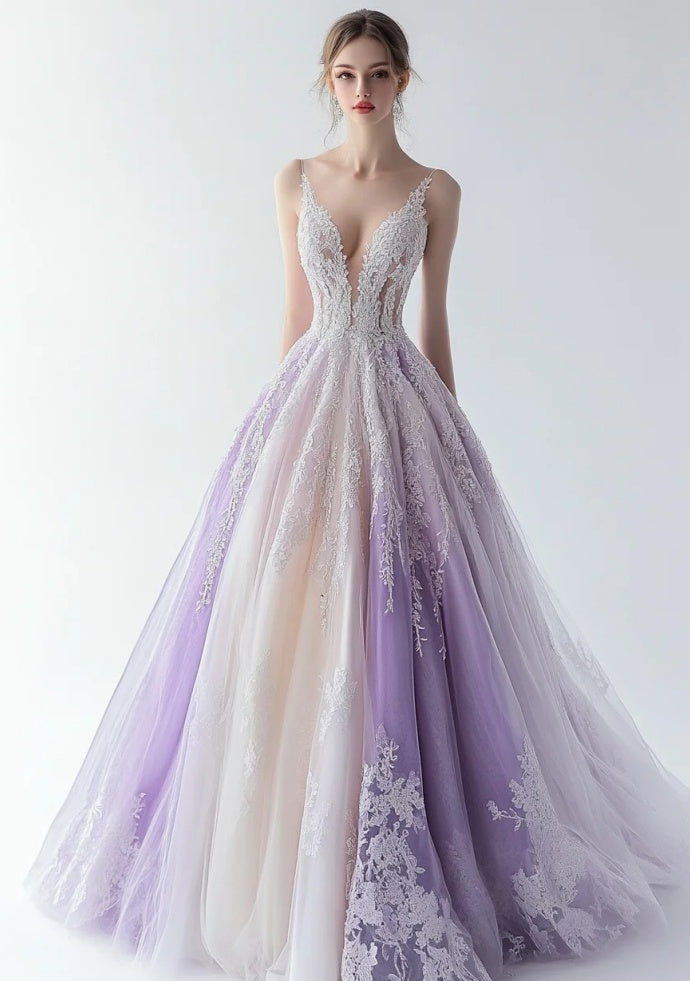 Fairy A-line Purple Prom Dress V-Neck Tulle  Sleeveless Long Evening Dress DP05091