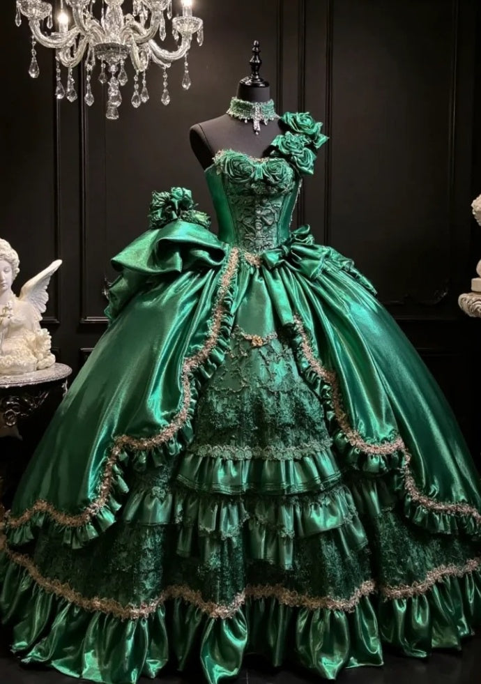 Fairy A-line Dark Green Prom Dress One-shoulder Satin Sleeveless Long Sweet 16 Dress DP05094