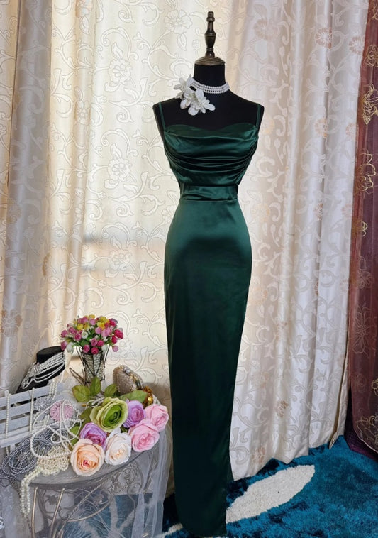 Classy Sheath Dark Green Prom Dress Spaghetti Straps Satin Sleeveless Long Evening Dress DP05095