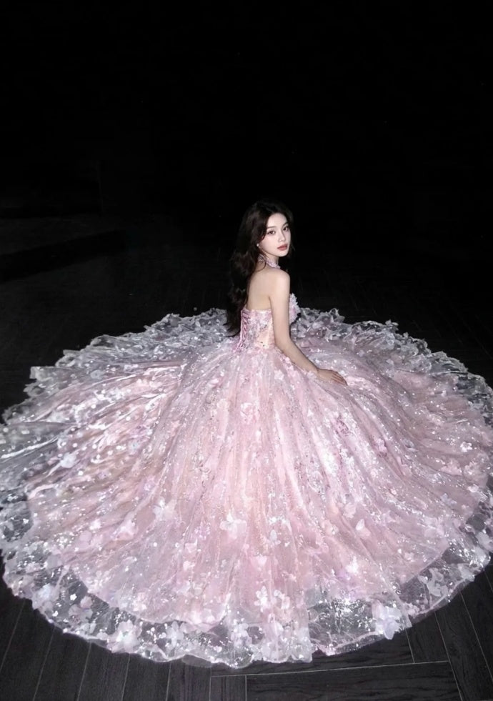 Classy A-Line Pink Prom Dress Tulle Strapless Appliques Birthday Dress Sleeveless Long Evening Dress DP05099