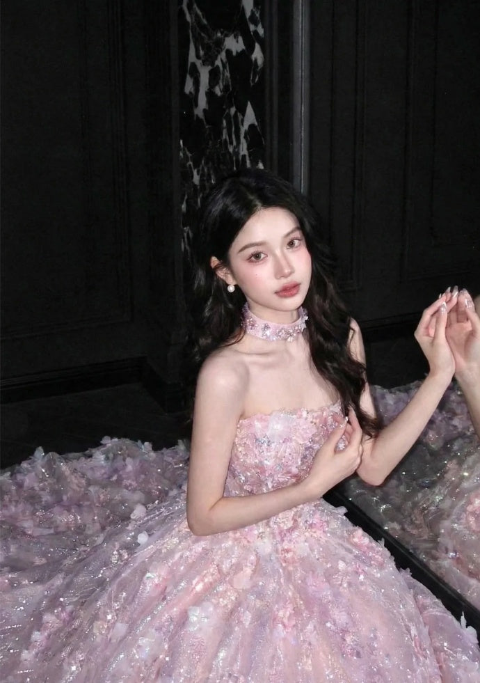 Classy A-Line Pink Prom Dress Tulle Strapless Appliques Birthday Dress Sleeveless Long Evening Dress DP05099