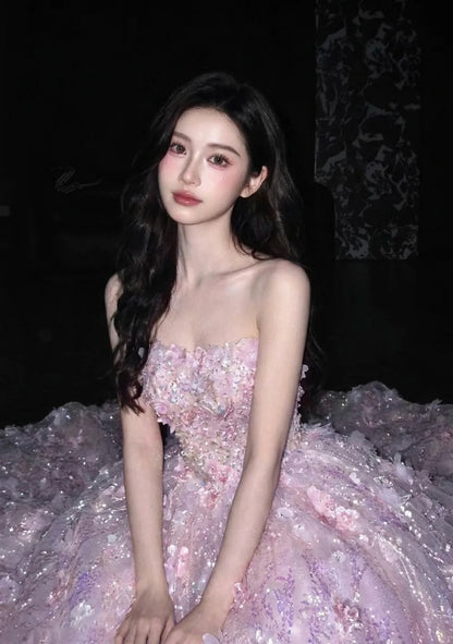 Classy A-Line Pink Prom Dress Tulle Strapless Appliques Birthday Dress Sleeveless Long Evening Dress DP05099