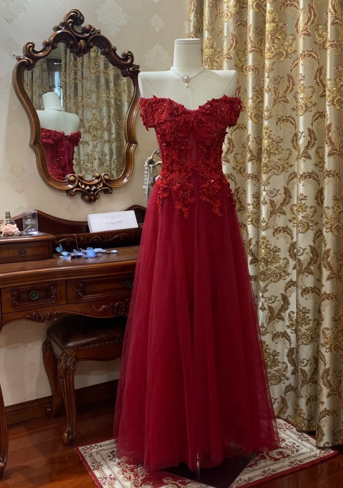 Classy A-Line Red Prom Dress Tulle Appliques Birthday Dress Sleeveless Long Evening Dress DP05100