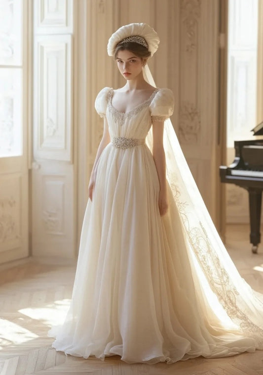 Vintage Wedding Dress Chiffon A-Line Bridal Gowns Short Sleeves Birdal Dress DP05204