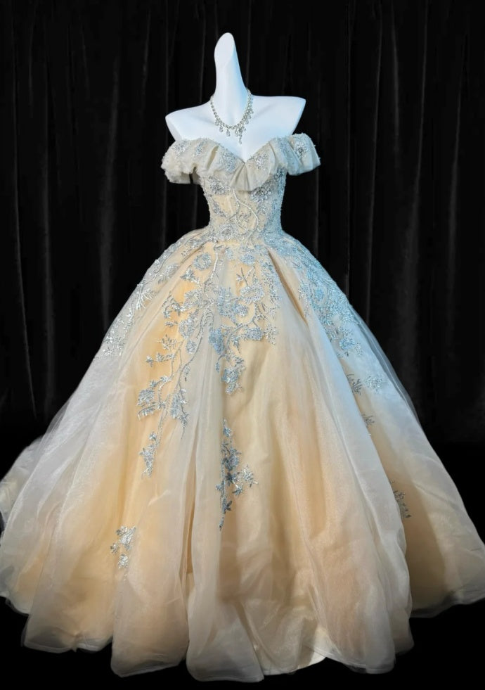 Simple Champagne Prom Dress A-Line Tulle Appliques Evening Dress DP05206