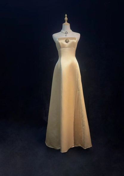 Chic Champagne Bridesmaid Dress  Satin Sheath Evening Dress Sleeveless DP05208