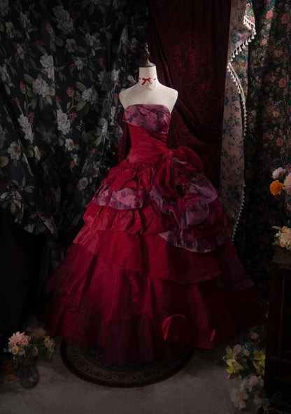 Chic Burgundy Prom Dress Satin A-Line Evening Dress Strapless Sweet 16 Dress DP05112