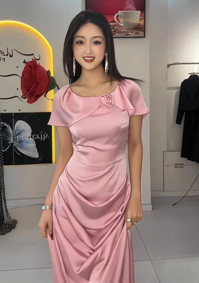 Cute Pink Bridesmaid Dress Satin Jewel Sheath Evening Dress DP05118