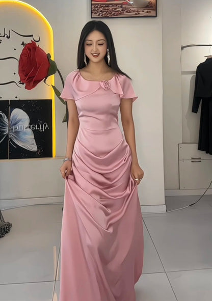 Cute Pink Bridesmaid Dress Satin Jewel Sheath Evening Dress DP05118
