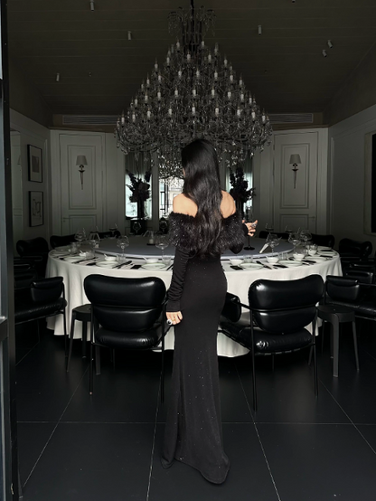 Elegantes schwarzes Ballkleid aus Satin, Meerjungfrauen-Schnitt, schulterfrei, ärmellos, Geburtstagskleid DP05228