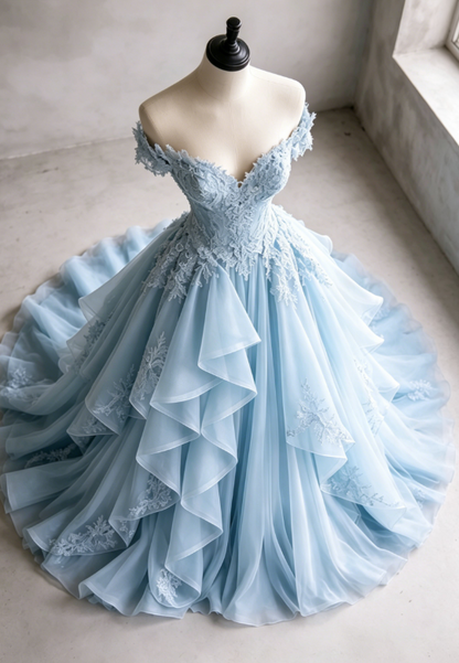 Gorgeous A-Line Long Evening Dress Off-shoulder Tulle Applique Party Dress Pale Blue Prom Dress DP05336