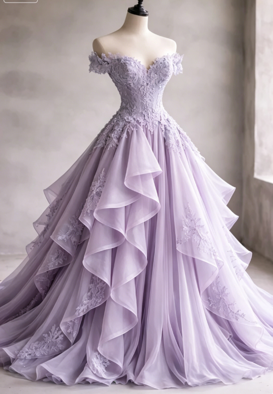 Gorgeous A-Line Long Evening Dress Off-shoulder Tulle Applique Party Dress Pale Blue Prom Dress DP05336