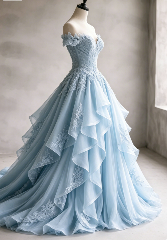 Gorgeous A-Line Long Evening Dress Off-shoulder Tulle Applique Party Dress Pale Blue Prom Dress DP05336