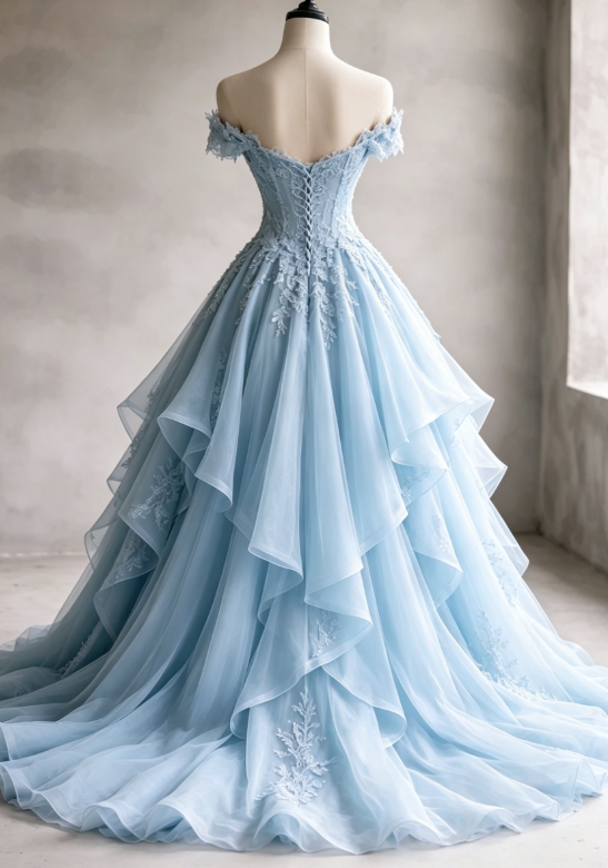 Gorgeous A-Line Long Evening Dress Off-shoulder Tulle Applique Party Dress Pale Blue Prom Dress DP05336