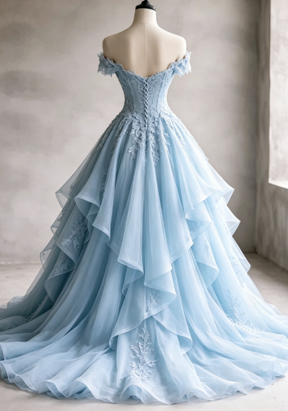 Gorgeous A-Line Long Evening Dress Off-shoulder Tulle Applique Party Dress Pale Blue Prom Dress DP05336