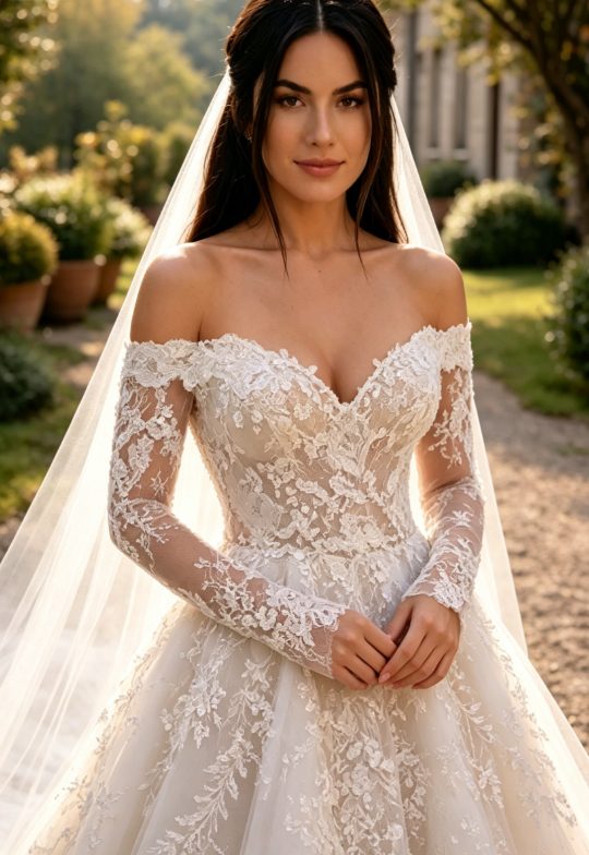 Elegantes A-Linien-Hochzeitskleid Lang Off-Shoulder Tüll-Applikationen Brautkleid Weiß Ärmel Brautkleid DP05342