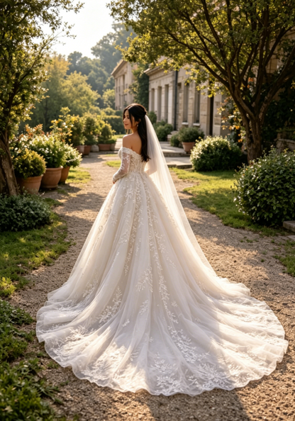 Elegantes A-Linien-Hochzeitskleid Lang Off-Shoulder Tüll-Applikationen Brautkleid Weiß Ärmel Brautkleid DP05342
