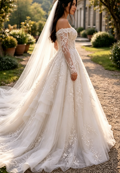 Elegantes A-Linien-Hochzeitskleid Lang Off-Shoulder Tüll-Applikationen Brautkleid Weiß Ärmel Brautkleid DP05342