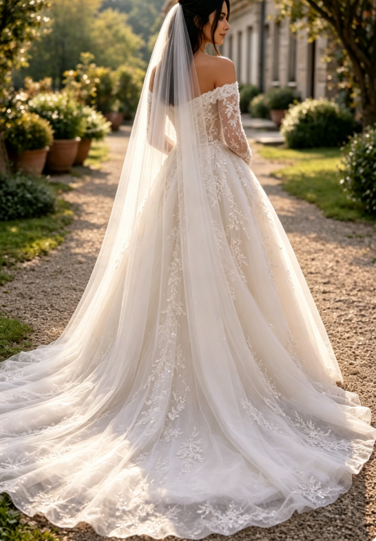 Elegantes A-Linien-Hochzeitskleid Lang Off-Shoulder Tüll-Applikationen Brautkleid Weiß Ärmel Brautkleid DP05342