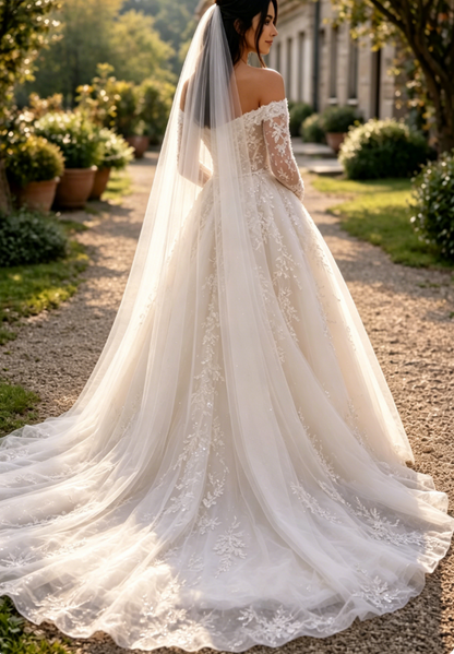 Elegantes A-Linien-Hochzeitskleid Lang Off-Shoulder Tüll-Applikationen Brautkleid Weiß Ärmel Brautkleid DP05342