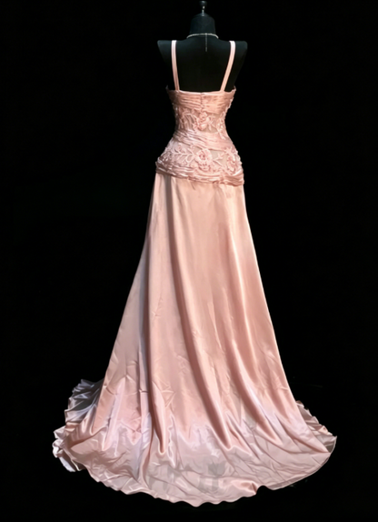 Elegantes rosafarbenes Ballkleid A-Linie V-Ausschnitt Satin langes Abendkleid Perlenbesetztes Geburtstagskleid DP05343