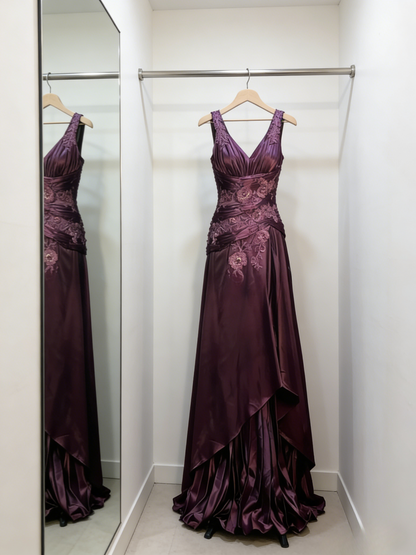 Elegantes rosafarbenes Ballkleid A-Linie V-Ausschnitt Satin langes Abendkleid Perlenbesetztes Geburtstagskleid DP05343