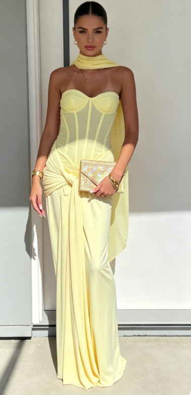 Simple Yellow Wedding Guest Dress Sweetheart Sheath Chiffon Long Evening Dress DP05389