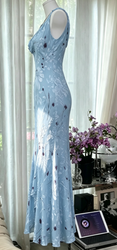 Elegante Spaghettiträger Etui Chiffon Langes Abendkleid Blaues Hochzeitsgastkleid DP05461