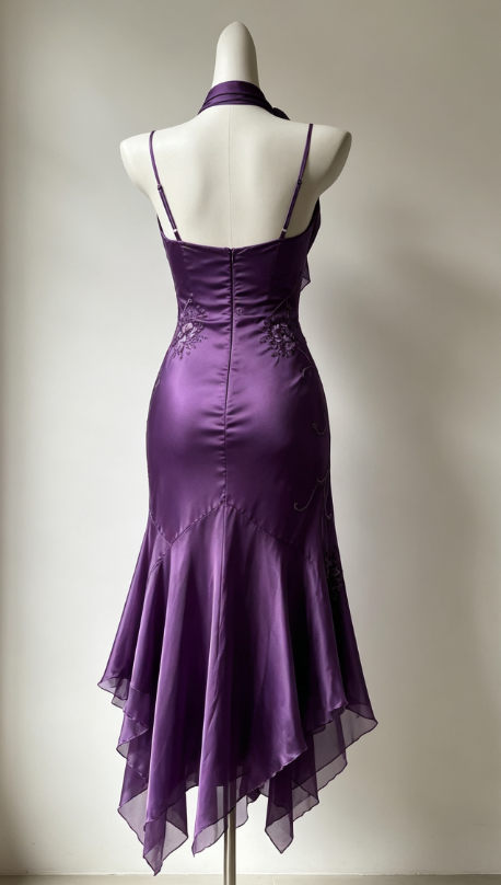 Langes Abendkleid aus Satin mit Spaghettiträgern und Etuikleid, Lila, Ballkleid DP05599