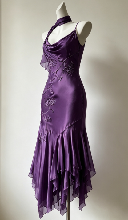 Langes Abendkleid aus Satin mit Spaghettiträgern und Etuikleid, Lila, Ballkleid DP05599