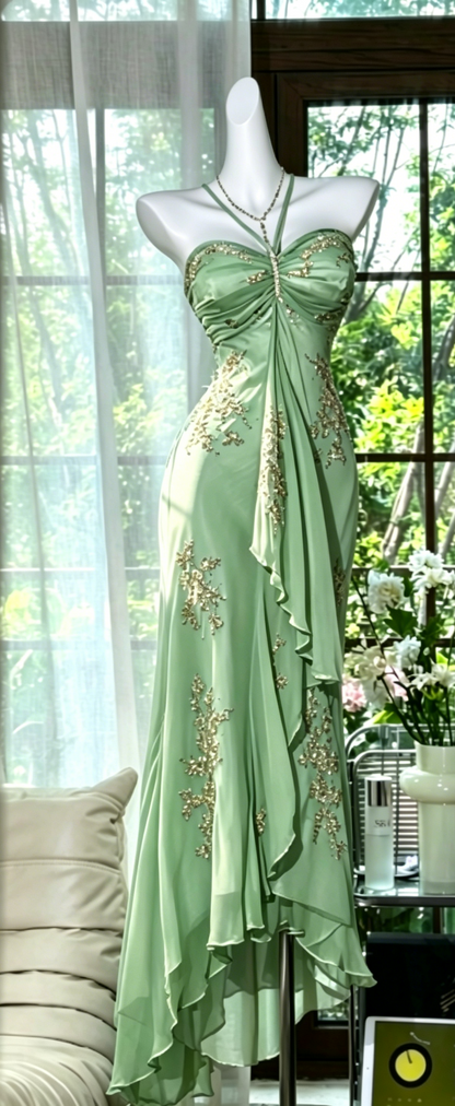 Robe de soirée longue en mousseline de soie perlée sans manches, couleur bleu poudré, pour le bal de promo DP05631