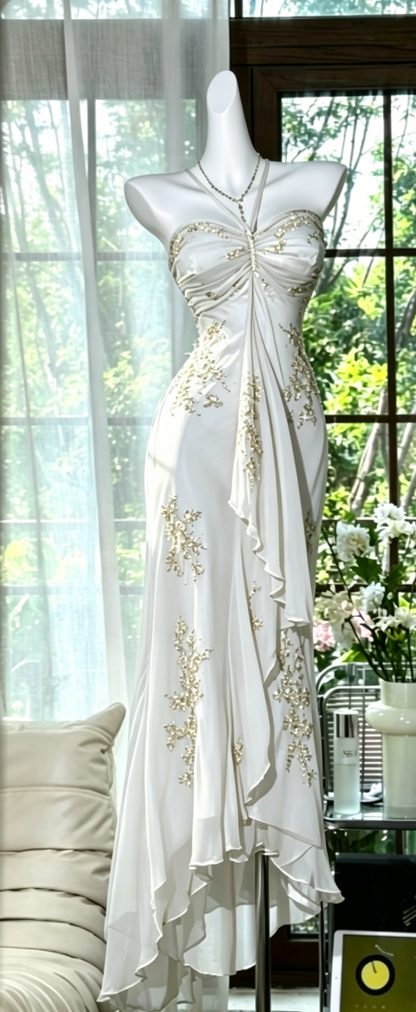 Robe de soirée longue en mousseline de soie perlée sans manches, couleur bleu poudré, pour le bal de promo DP05631