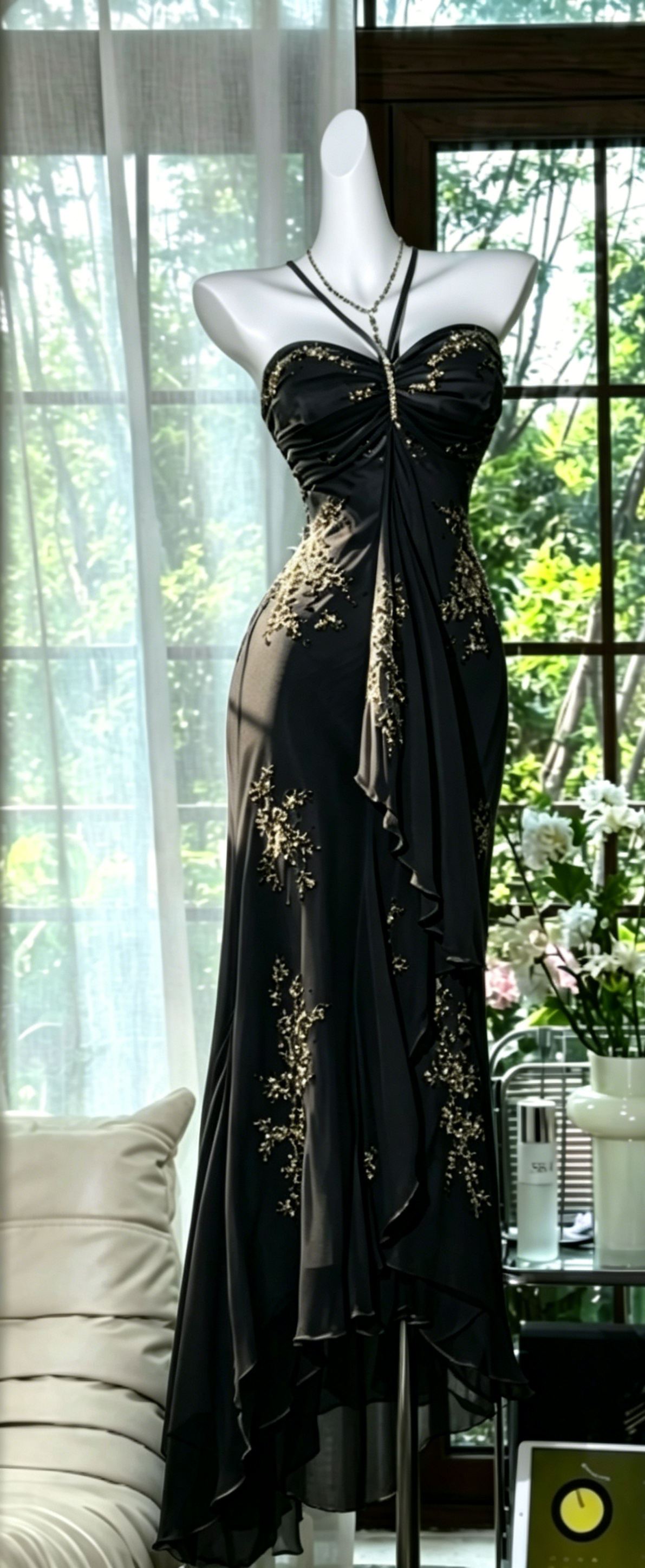 Robe de soirée longue en mousseline de soie perlée sans manches, couleur bleu poudré, pour le bal de promo DP05631