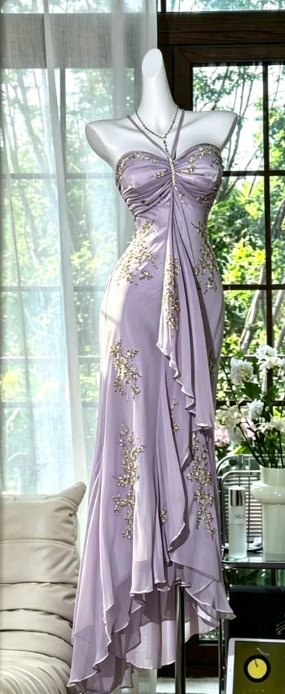 Robe de soirée longue en mousseline de soie perlée sans manches, couleur bleu poudré, pour le bal de promo DP05631