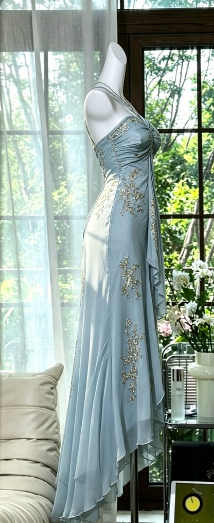 Robe de soirée longue en mousseline de soie perlée sans manches, couleur bleu poudré, pour le bal de promo DP05631