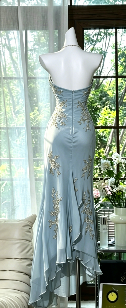 Robe de soirée longue en mousseline de soie perlée sans manches, couleur bleu poudré, pour le bal de promo DP05631