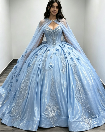 Wunderschönes Schatz-Ballkleid Quinceanera-Kleid Satin-Applikation Langes Geburtstags-Kleid Hellblaues Sweet 16 Kleid DP05644