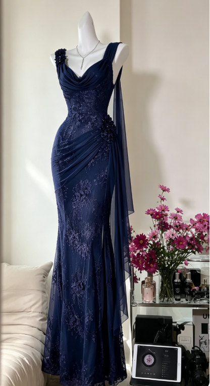 Glam Lila Ballkleid Träger Scheide Chiffon Perlen Lang Abendkleid DP05737