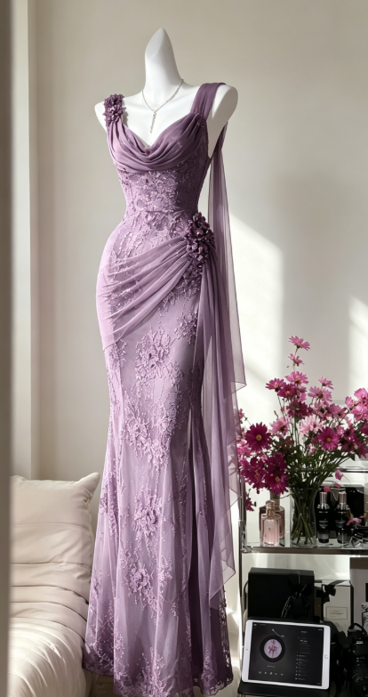 Glam Lila Ballkleid Träger Scheide Chiffon Perlen Lang Abendkleid DP05737