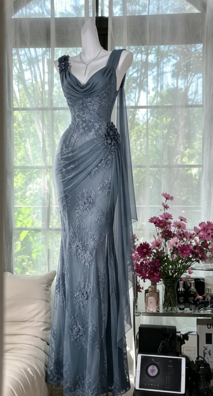 Glam Lila Ballkleid Träger Scheide Chiffon Perlen Lang Abendkleid DP05737
