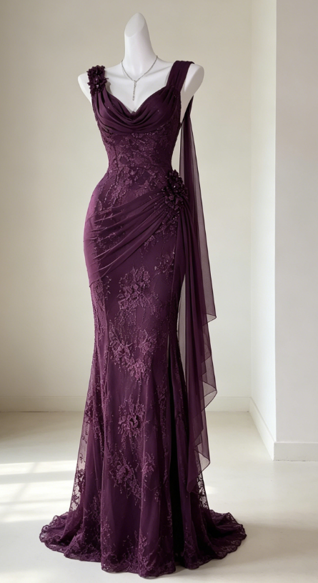 Glam Lila Ballkleid Träger Scheide Chiffon Perlen Lang Abendkleid DP05737