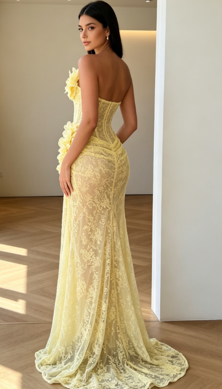 Robe de bal chic jaune bustier sirène dentelle longue robe de soirée DP05868