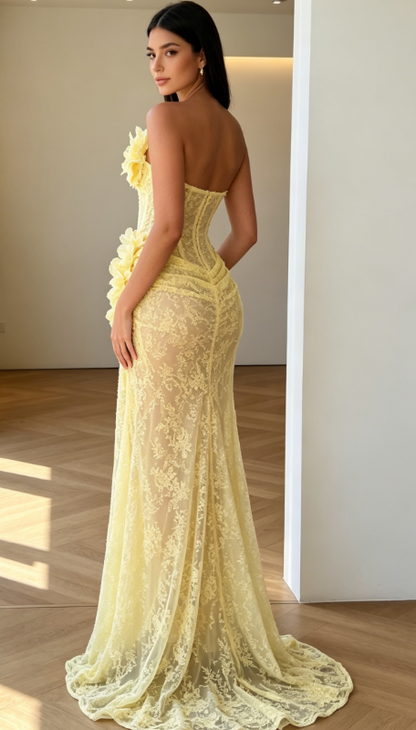 Robe de bal chic jaune bustier sirène dentelle longue robe de soirée DP05868