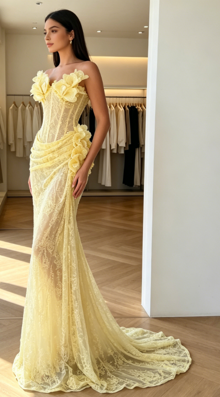 Robe de bal chic jaune bustier sirène dentelle longue robe de soirée DP05868