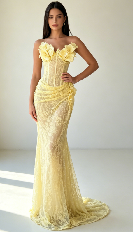 Robe de bal chic jaune bustier sirène dentelle longue robe de soirée DP05868