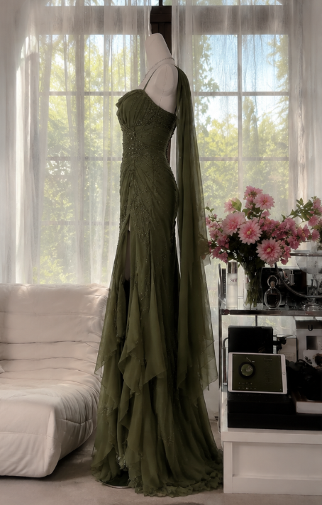 Elegantes dunkelgrünes Abschlussballkleid mit Spaghettiträgern, Scheide, Perlenstickerei, Chiffon, langes Abendkleid DP05870