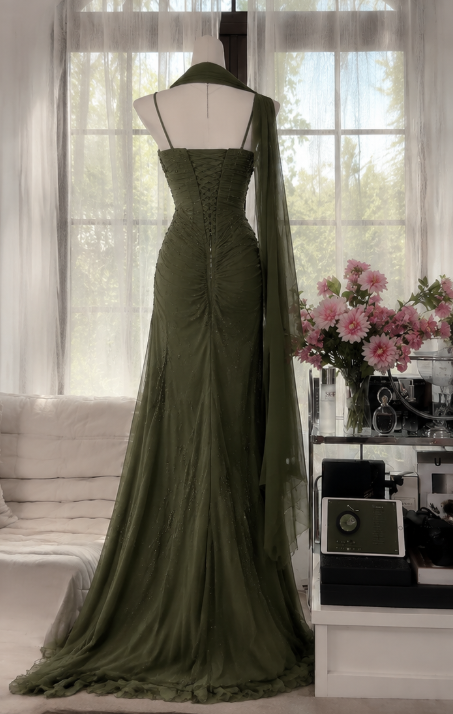 Elegantes dunkelgrünes Abschlussballkleid mit Spaghettiträgern, Scheide, Perlenstickerei, Chiffon, langes Abendkleid DP05870