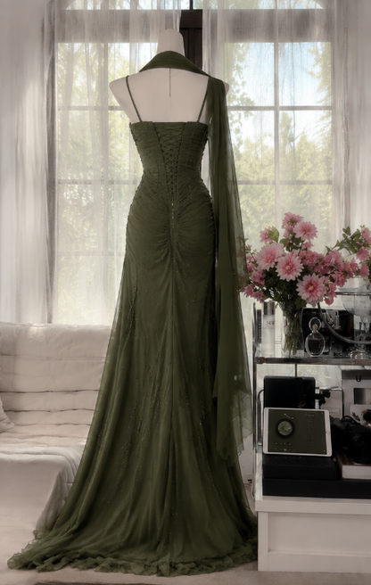 Elegantes dunkelgrünes Abschlussballkleid mit Spaghettiträgern, Scheide, Perlenstickerei, Chiffon, langes Abendkleid DP05870