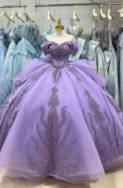 Robe de bal de fée violette, robe de 16e anniversaire, tulle, appliqués, robe de Quinceañera DP07079