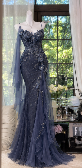 Robe de bal fourreau chic en mousseline bleu marine, longue robe de soirée DP07700